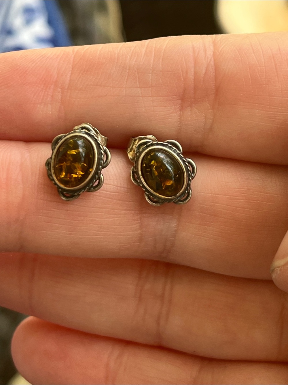 Sterling Silver & Baltic Amber Stud Earrings - Picture 7 of 9